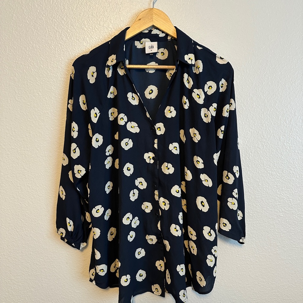 CAbi Navy Blouse with White Floral Design